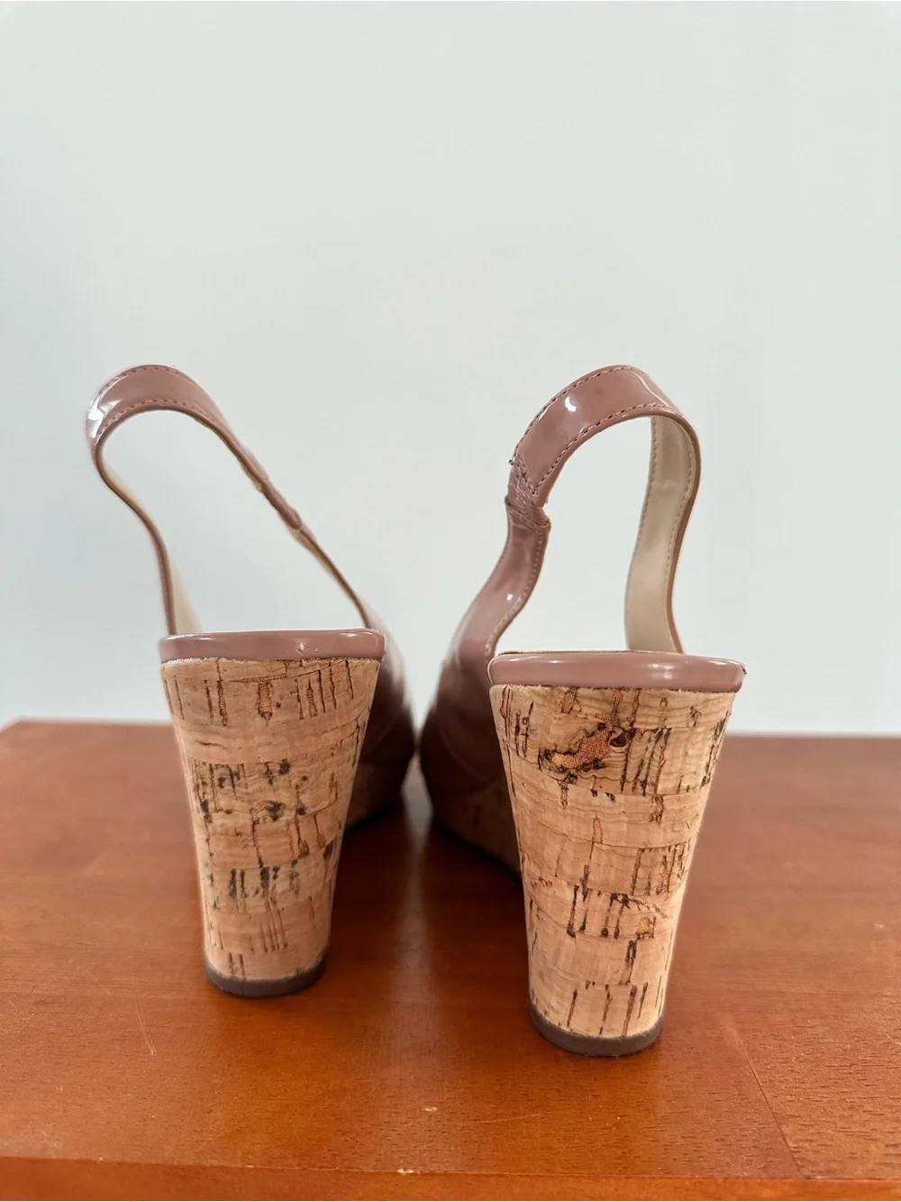Nine West Patent Peep-Toe Cork Wedges in Dusty Rose